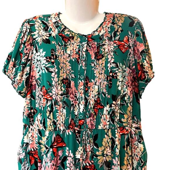 Torrid Women's Green Floral Short Sleeve Button Pintuck Maxi Dress SZ 1 (14/16) - Picture 6 of 11